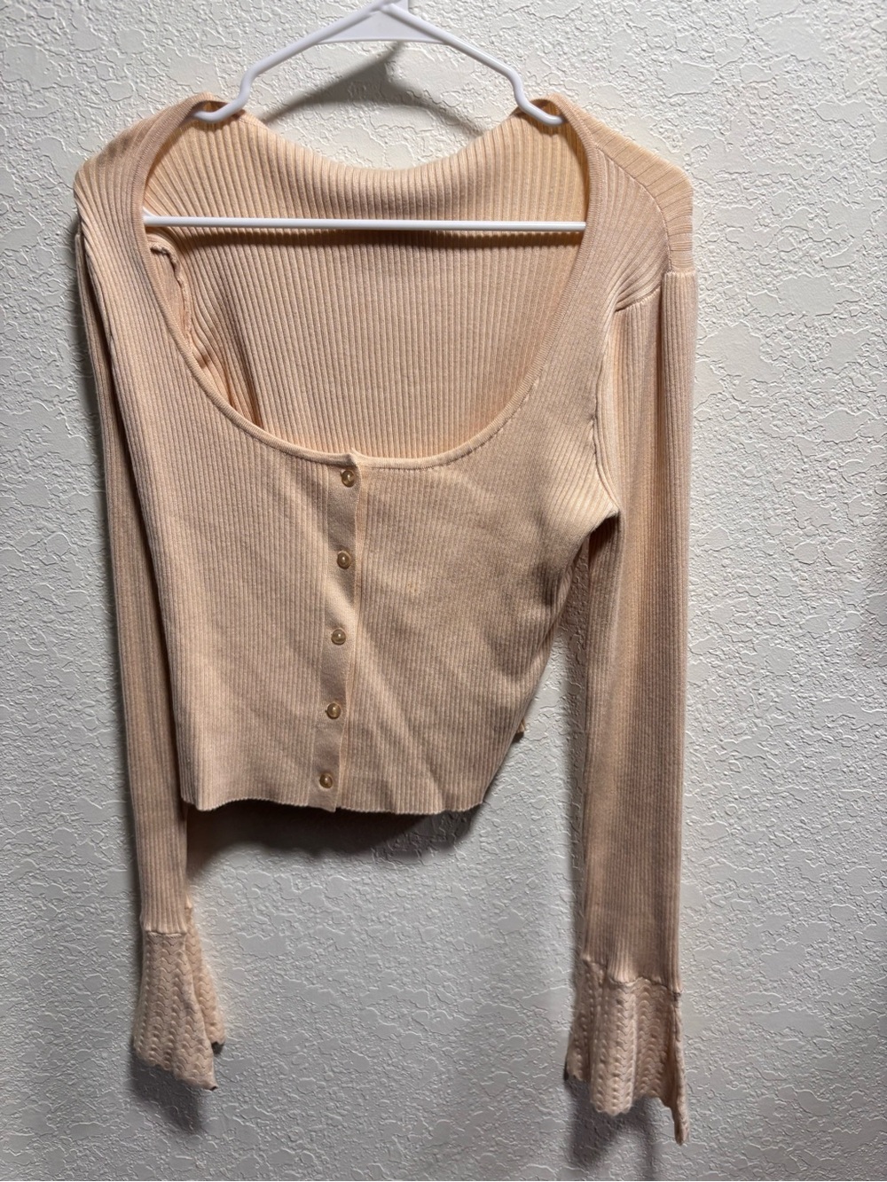 Current Mood Ribbed Button-Front Long Sleeve Crop Top in Peach